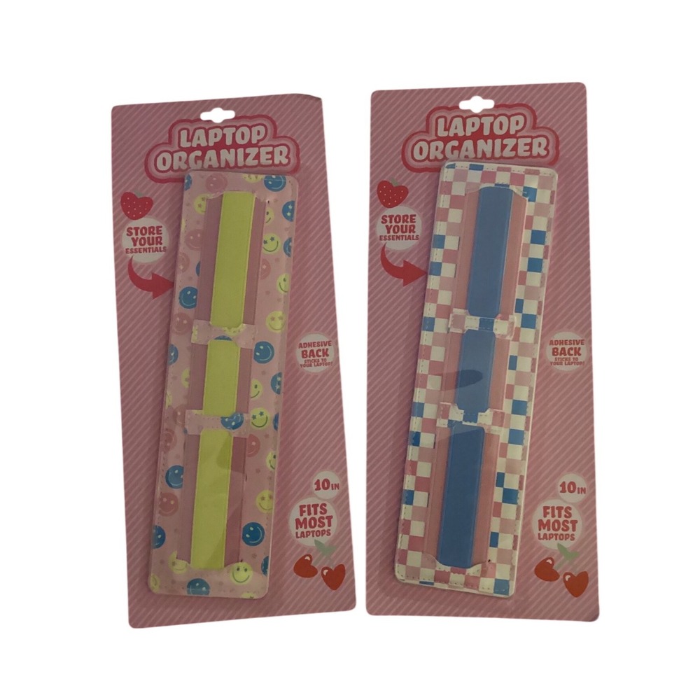Set of 2 Laptop Organizer Adhesive Accessory Holders Smiley Checkered 10 Inch